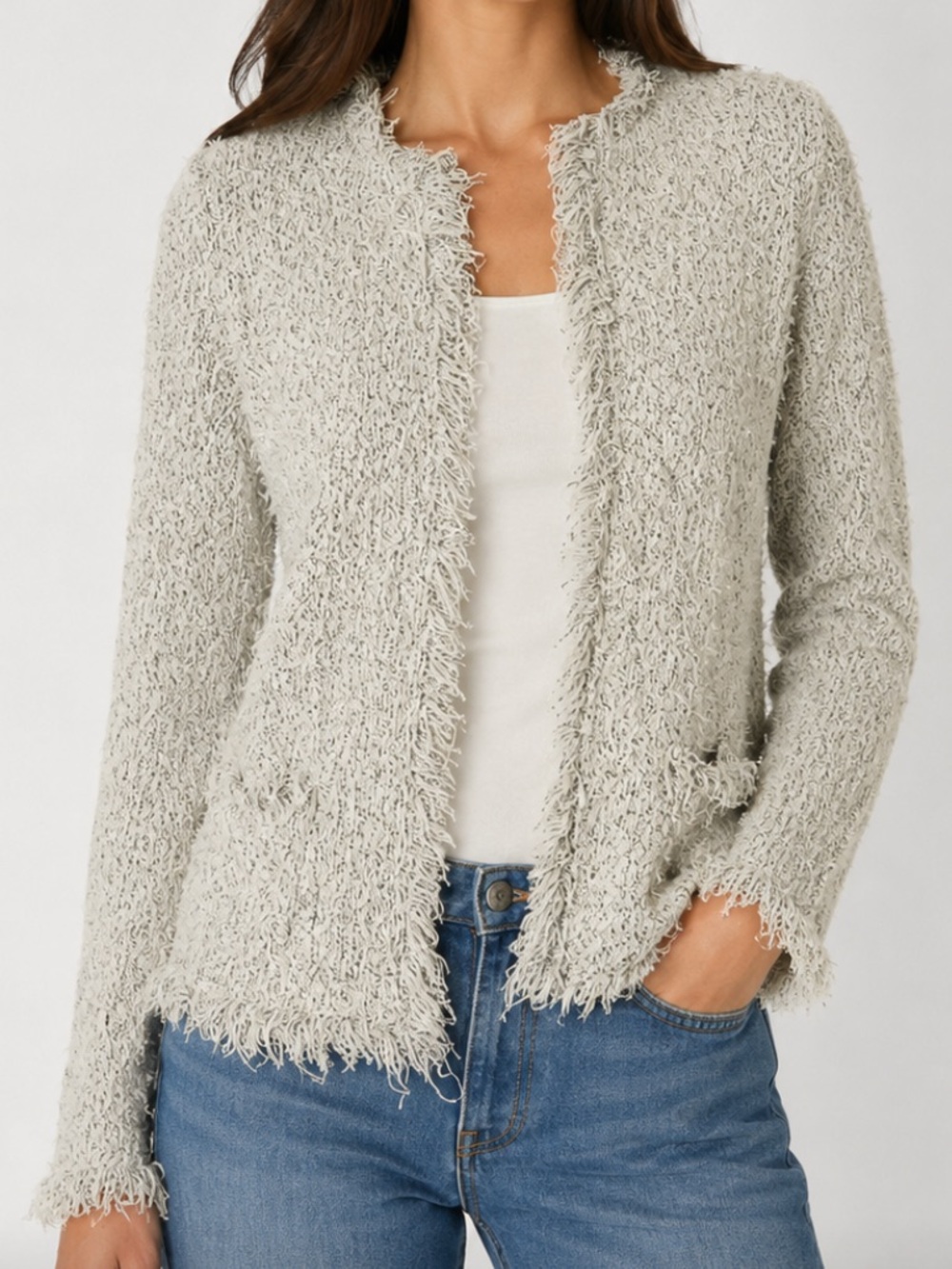 Anthropologie fringe trimmed boucle open knit cardigan front pockets sz xs